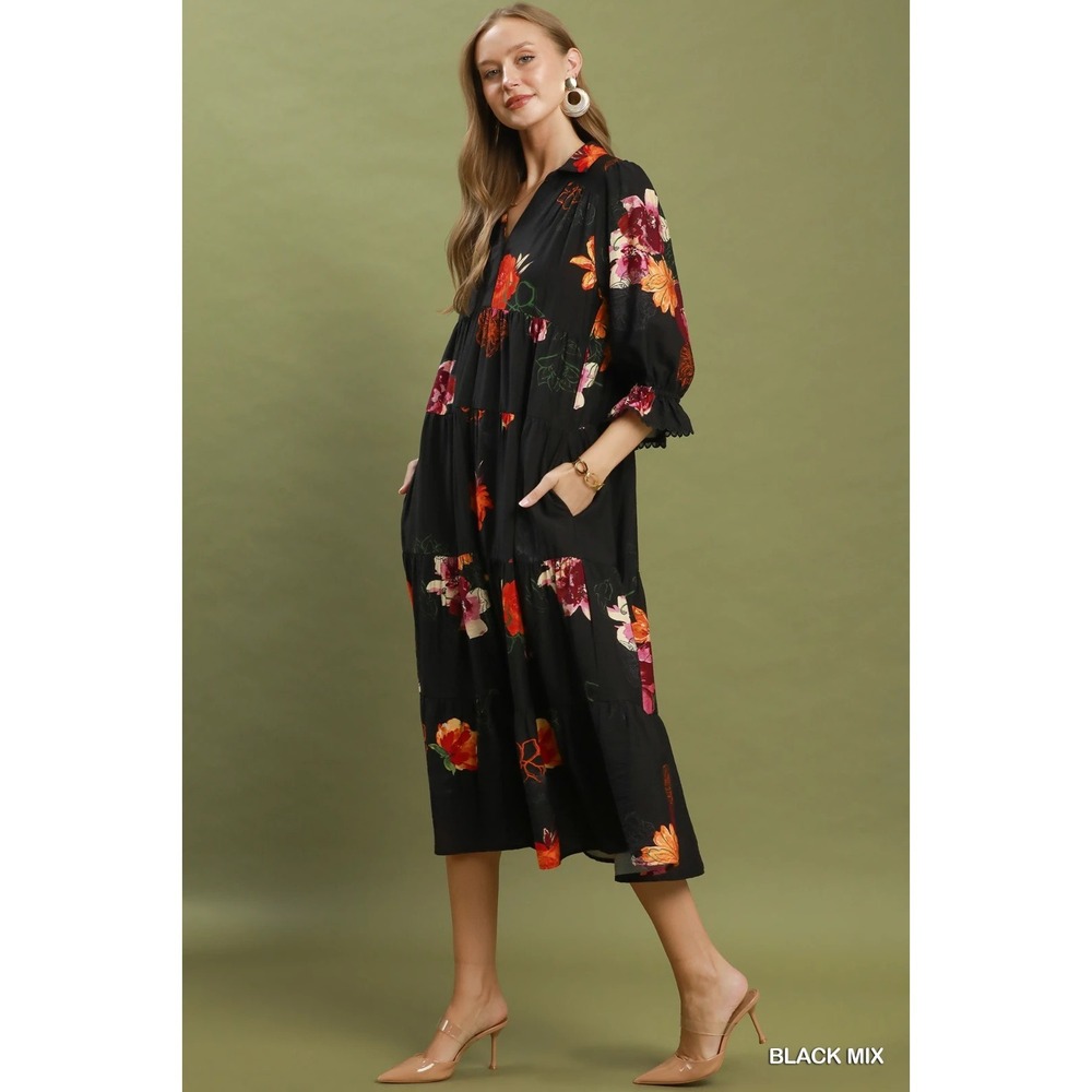 Umgee Floral Print Tiered Midi Dress with Puff Sleeves - Black Mix - Large - Picture 2 of 6